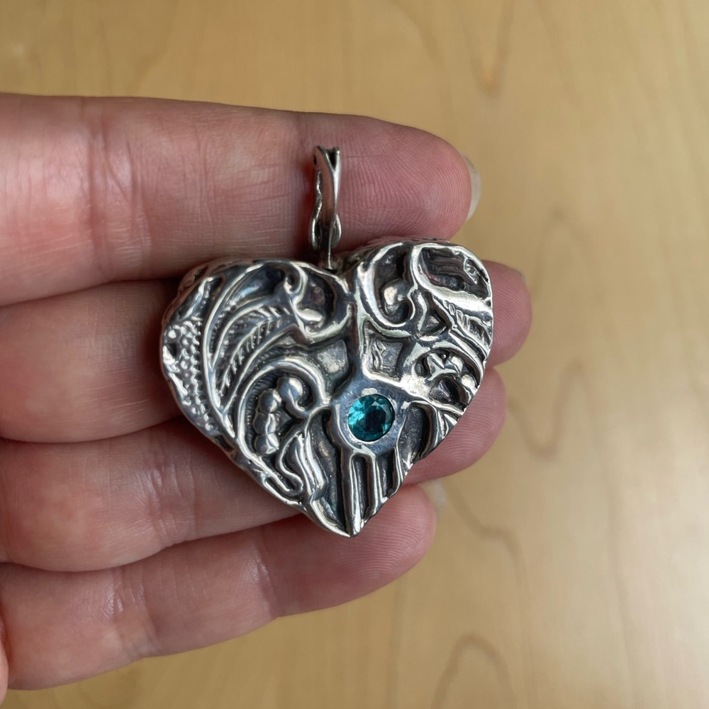 Custom handmade Silver Heart Pendant with aquamarine Gemstone
